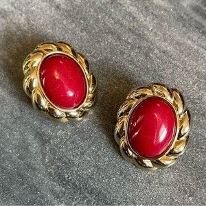 Vintage 80s Big Gold Red Cabochon Earrings